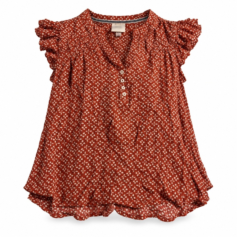 Knox Rose Rust White Print Ruffle Sleeve Blouse Small